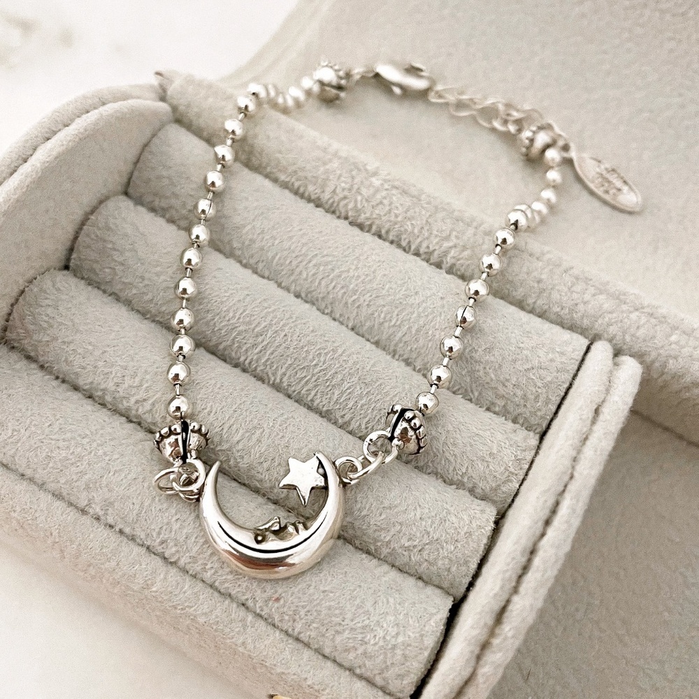 925 Sterling Silver Moon & Star Bracelet Dainty Bracelet Beaded Bracelet